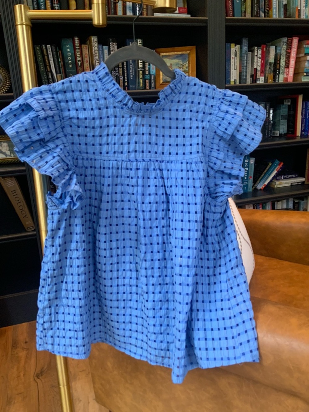 Pinch Ruffle-Sleeve Check Blouse in Bright Blue
